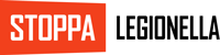 Text: "Stoppa Legionella" på röd och vit bakgrund.