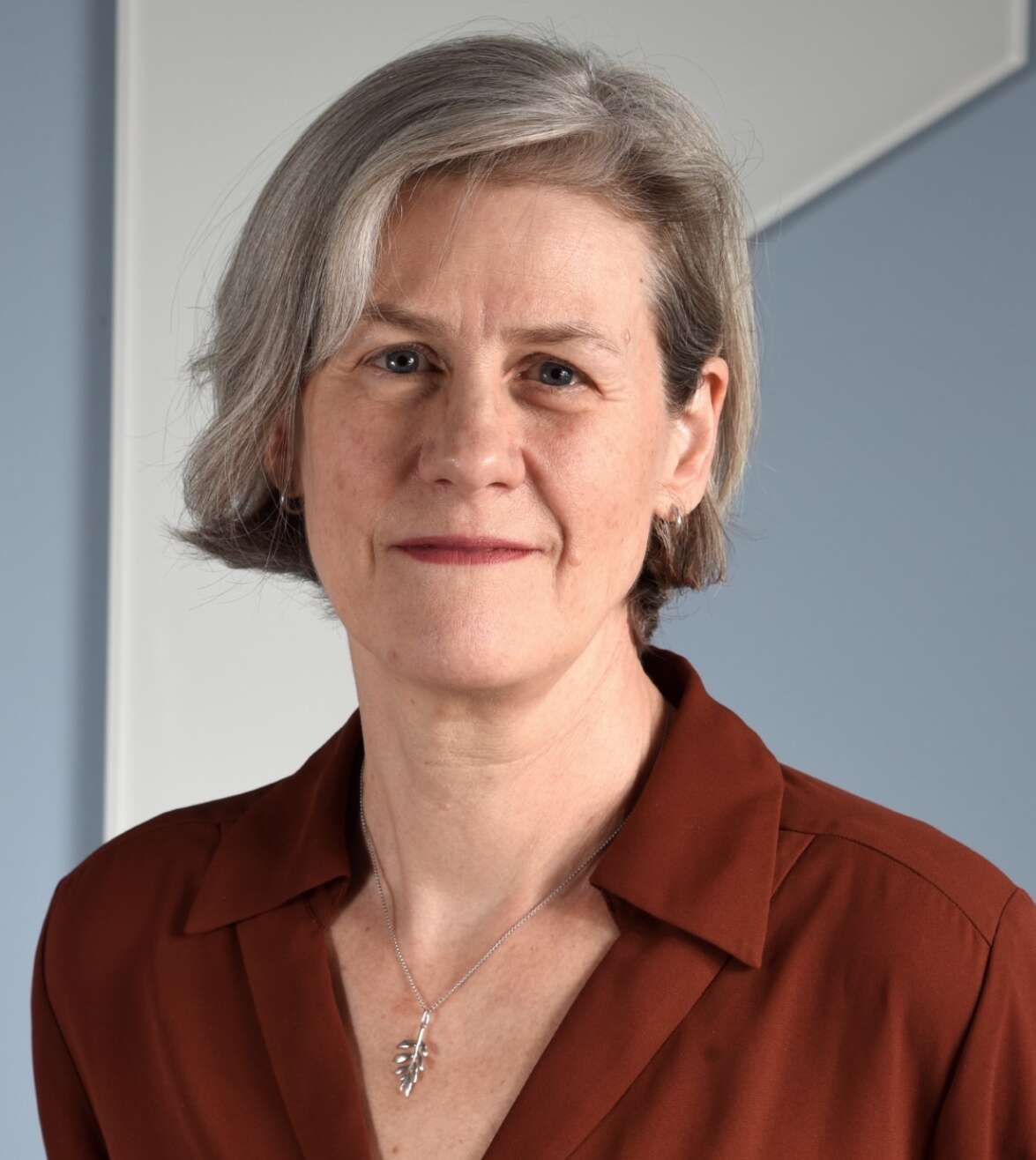 Leende kvinna med grått hår och röd skjorta